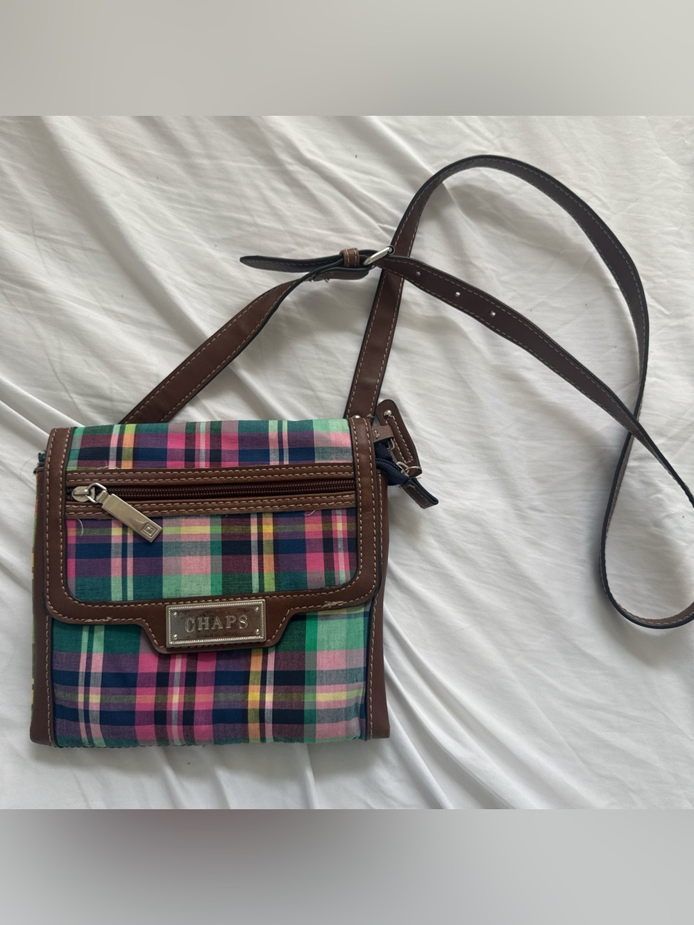 Chaps Multicolor Plaid Crossbody Bag with Brown Trim